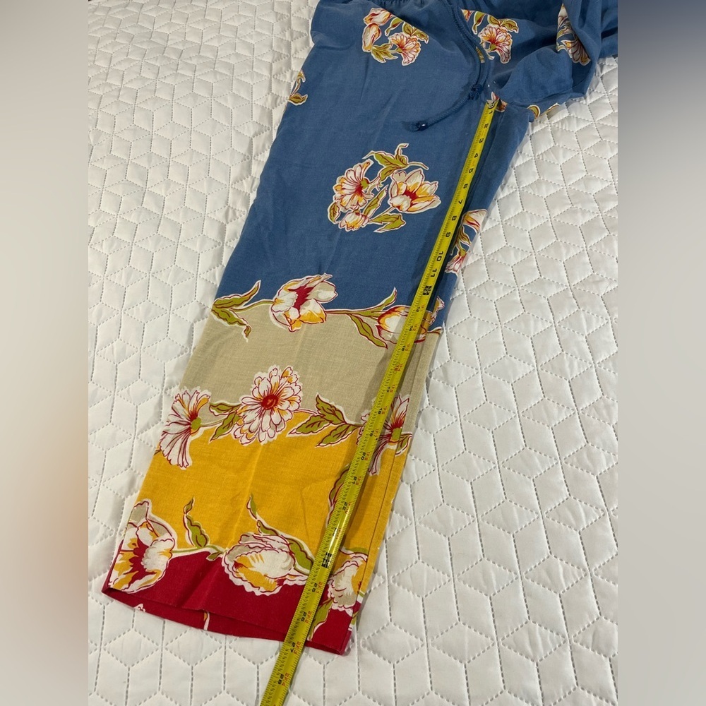 Ruby Rd Floral Linen Blend Wide Leg Pants Blue Yellow Boho Resort Size 10 - Picture 7 of 8